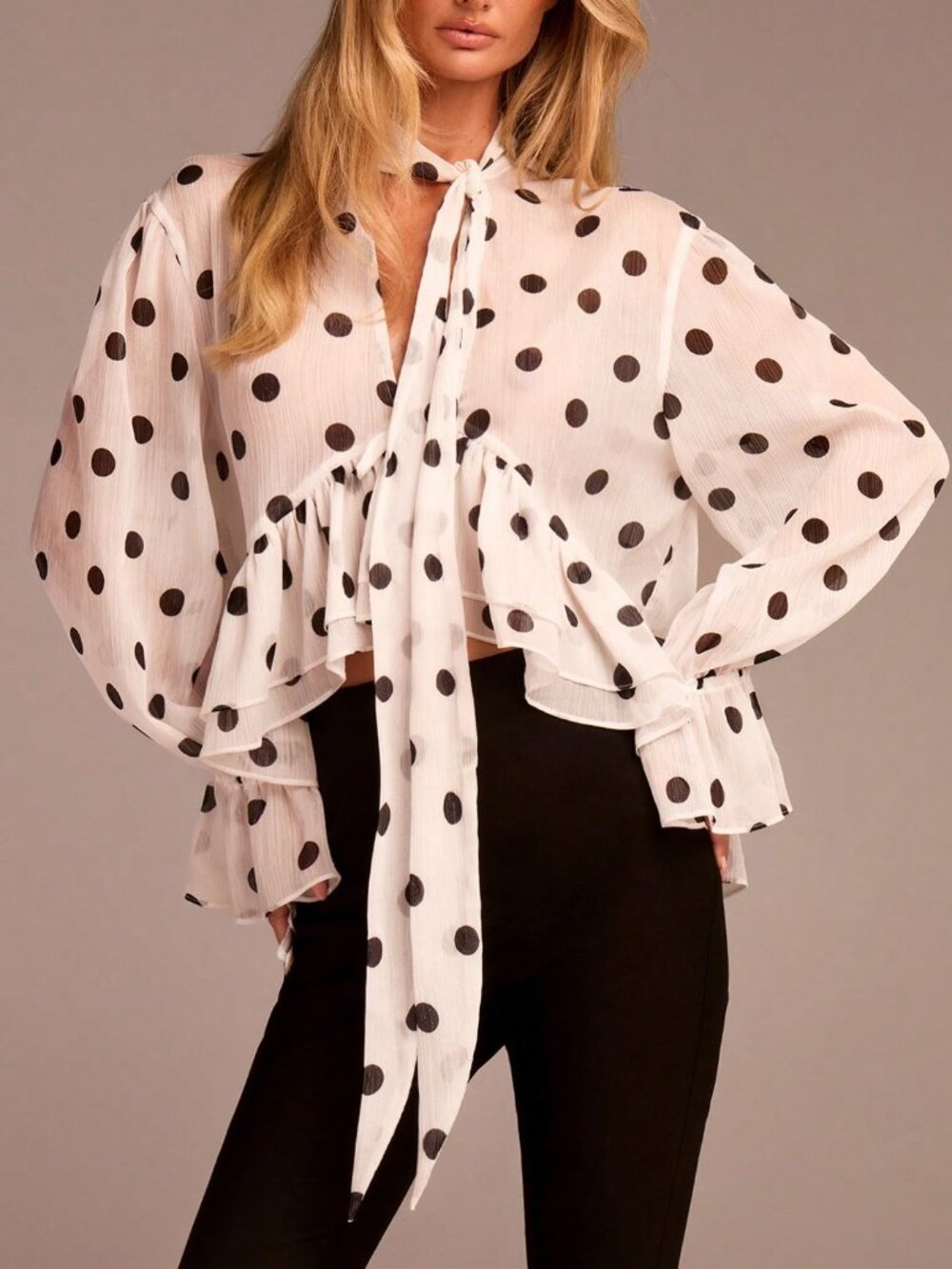 Black And White Elegant Women's Long Sleeve Tie-Waist Ruffle Polka Dot Blouse - Picture 5 of 6